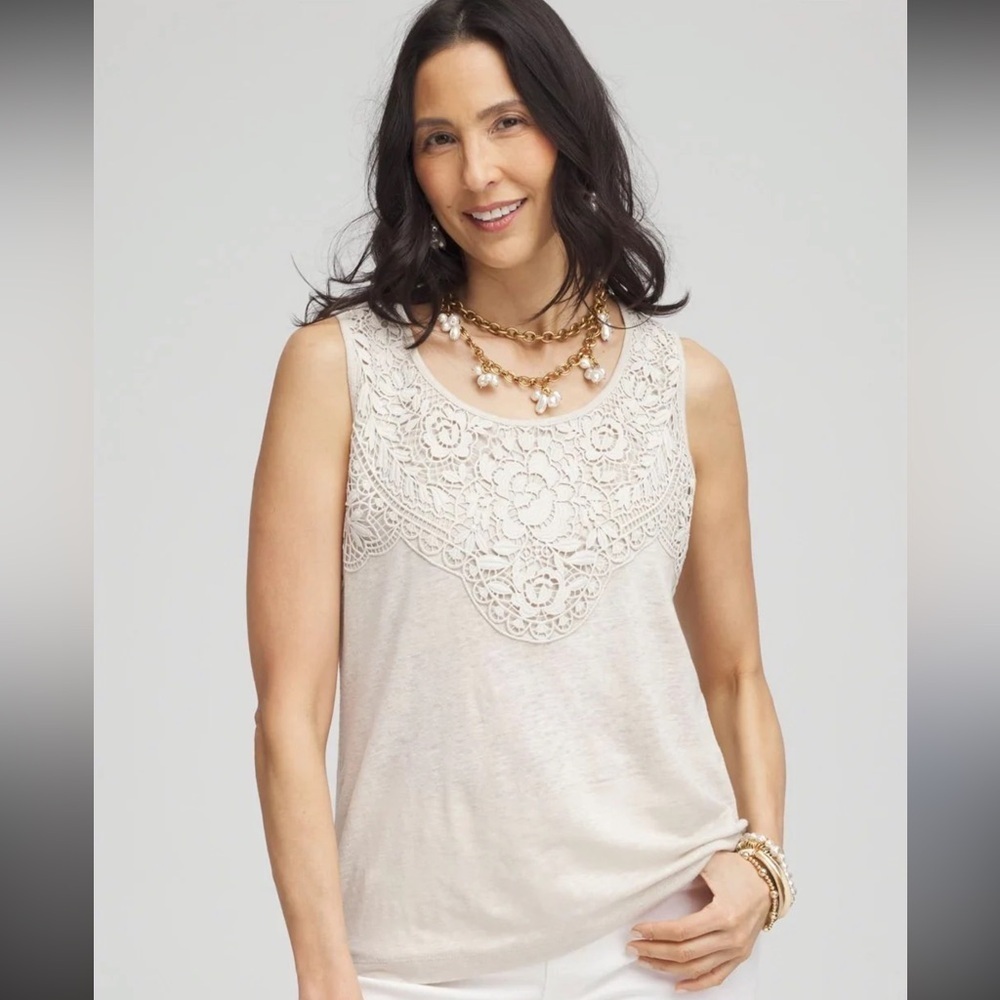 LOGO by Lori Goldstein Linen Lace Applique Tank Top Neutral Cream Beige Size 2xl